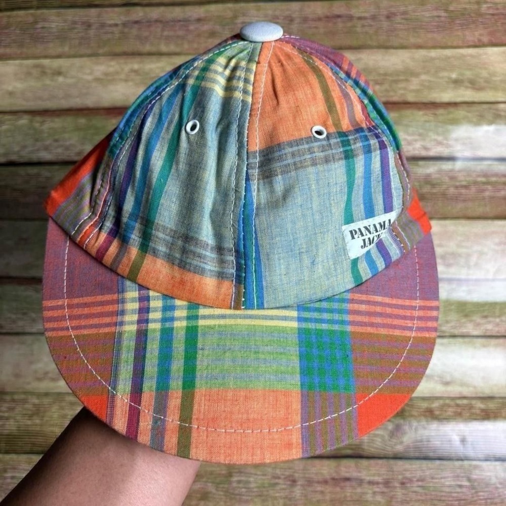 Vintage 1990s Panama Jack multi-colored madras plaid baseball cap.